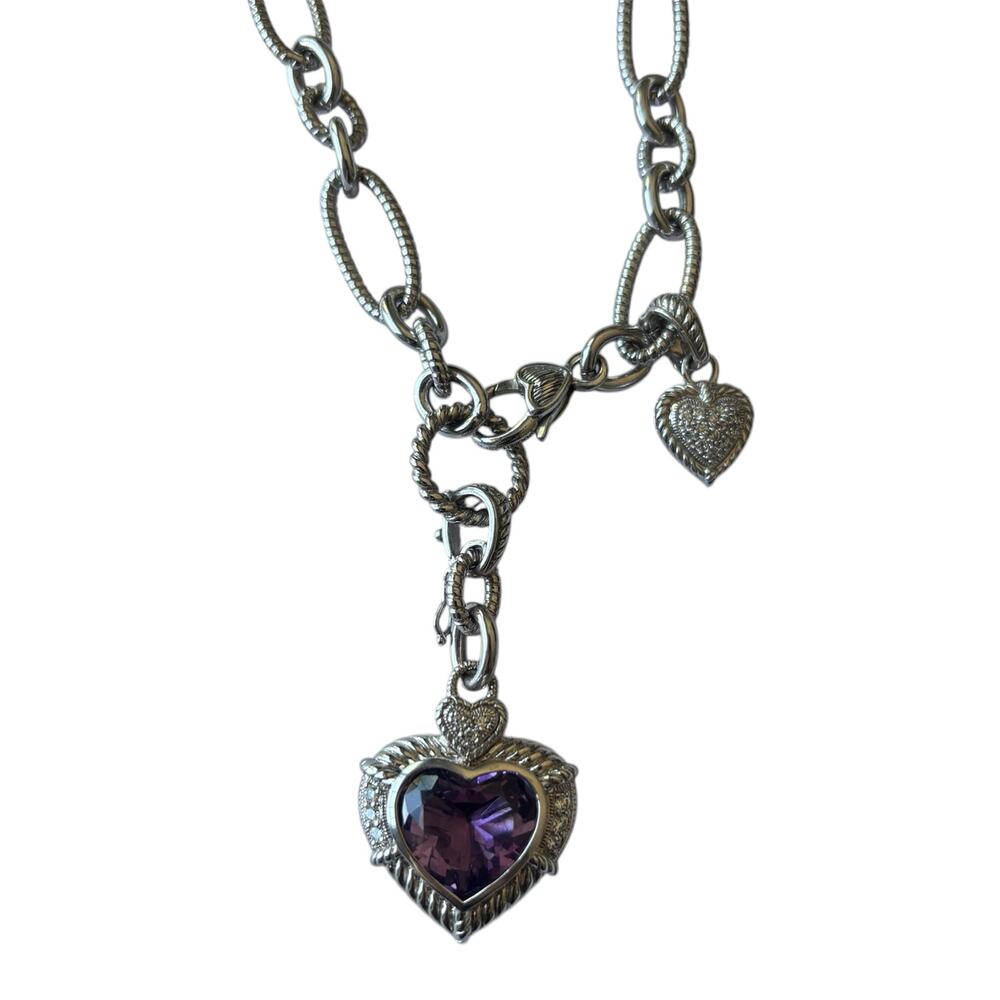 Judith Ripka 925 Sterling Silver CZ Amethyst Heart Pendant w/ Charm - Thailand